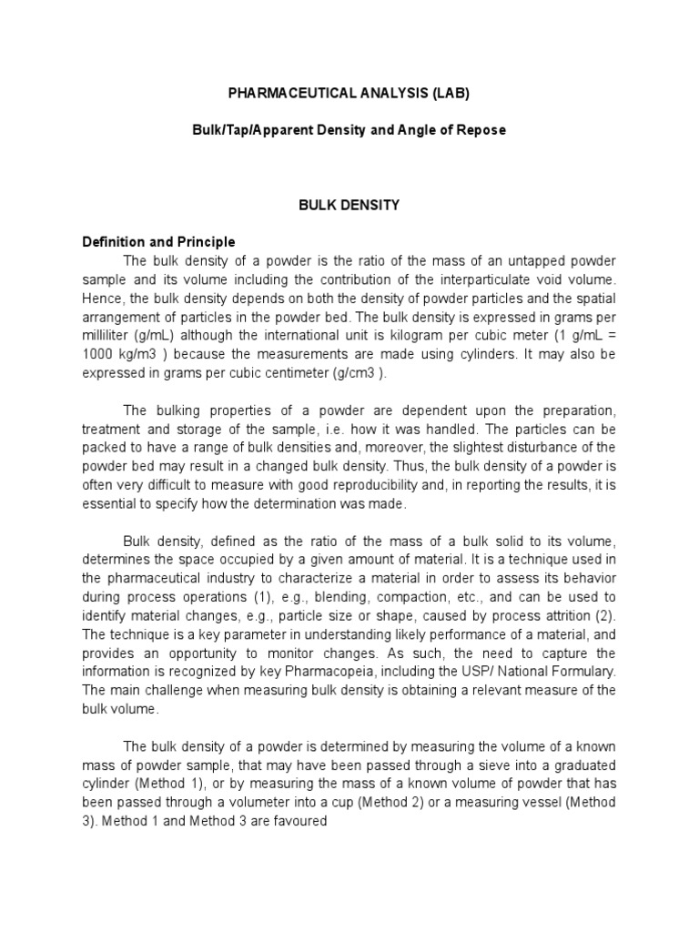 Bulk and Tapped Density in Pharmacy | PDF | Density | Volume