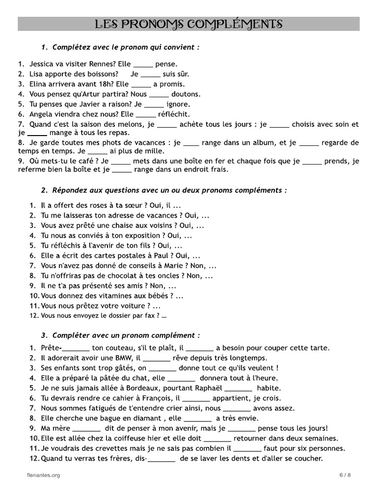 Exercices Sur Les Pronoms Personnels | PDF