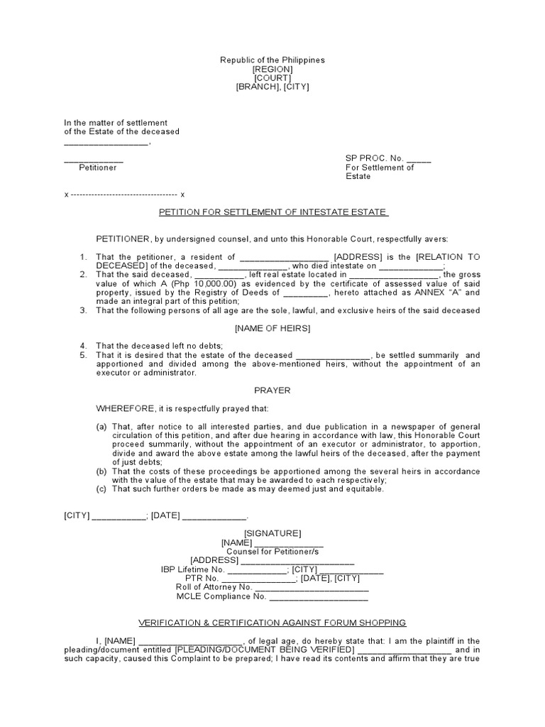 MyLegalWhiz Petition for the Settlement of Intestate Estate PDF