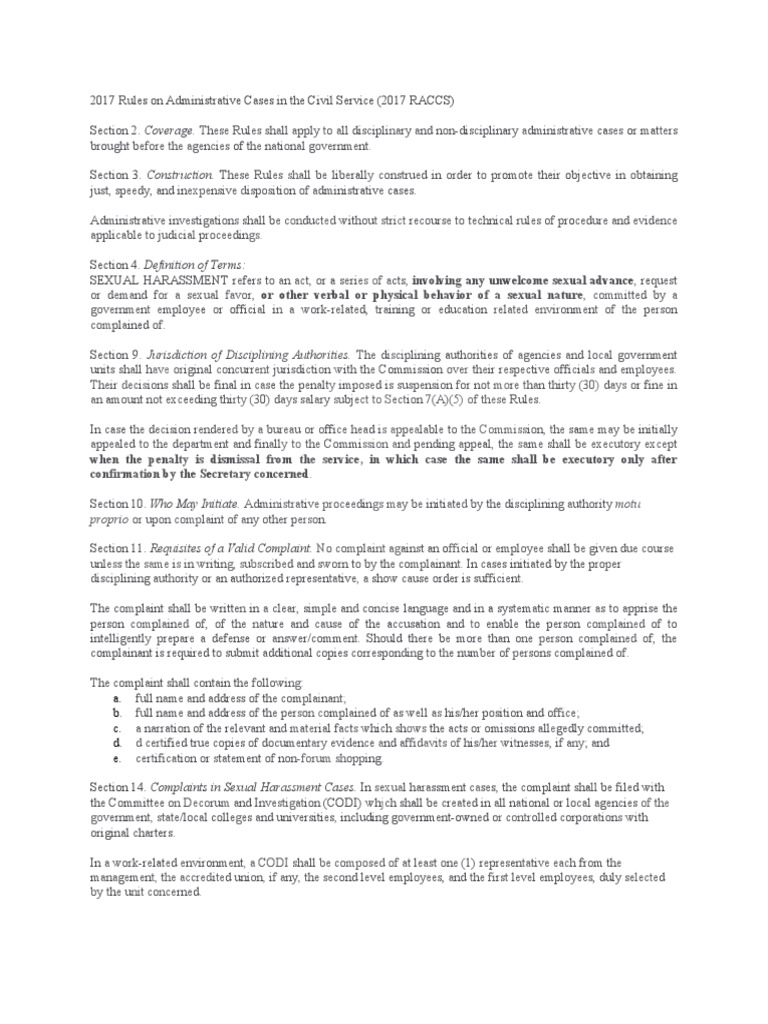 2017 Rules On Administrative Cases in The Civil Service PDF Sexual