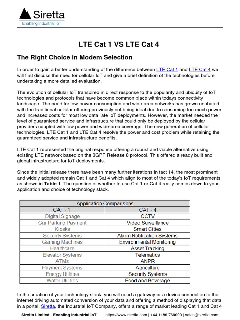 Lte Cat 1 Vs Lte Cat 4 The Right Choice in Modem Selection PDF Lte