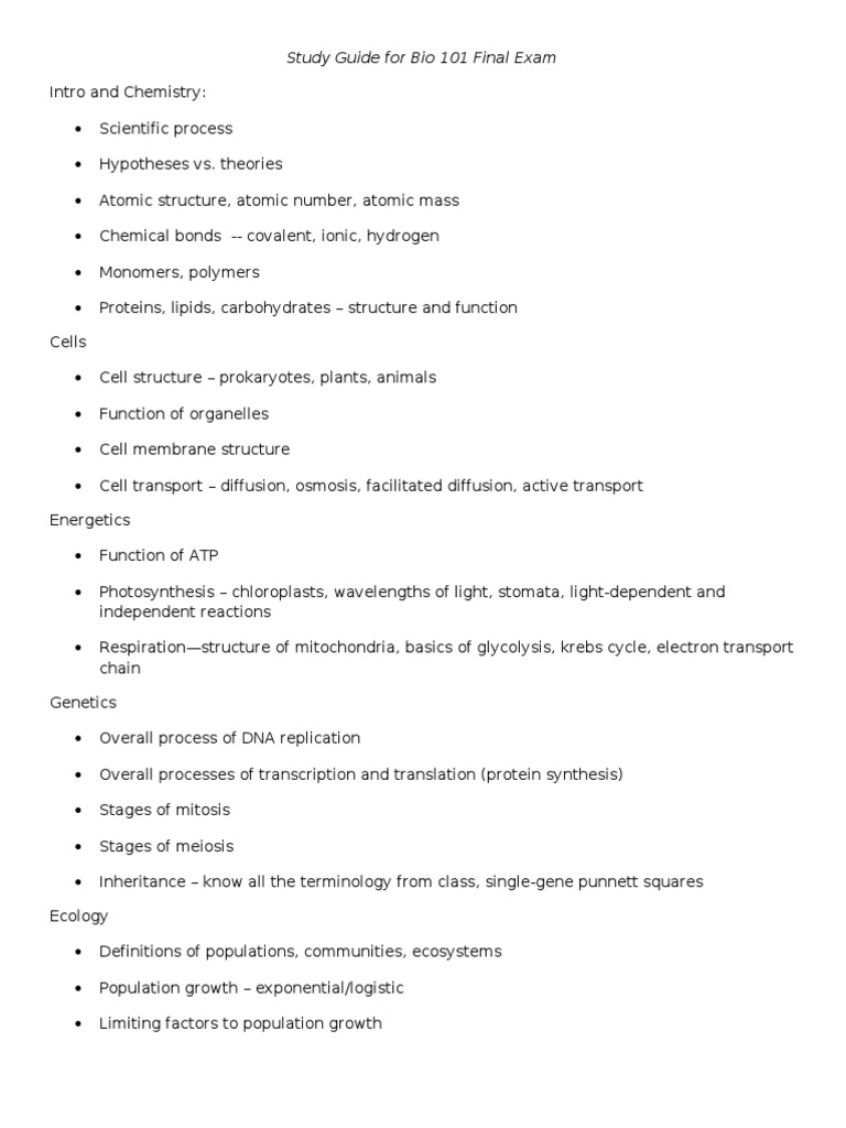 Bio 101 Final Exam Study Guide | PDF | Cell (Biology) | Biology
