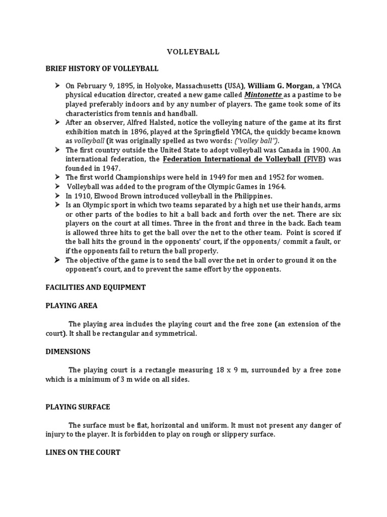 Volleyball Brief History of Volleyball As A Pastime To Be PDF
