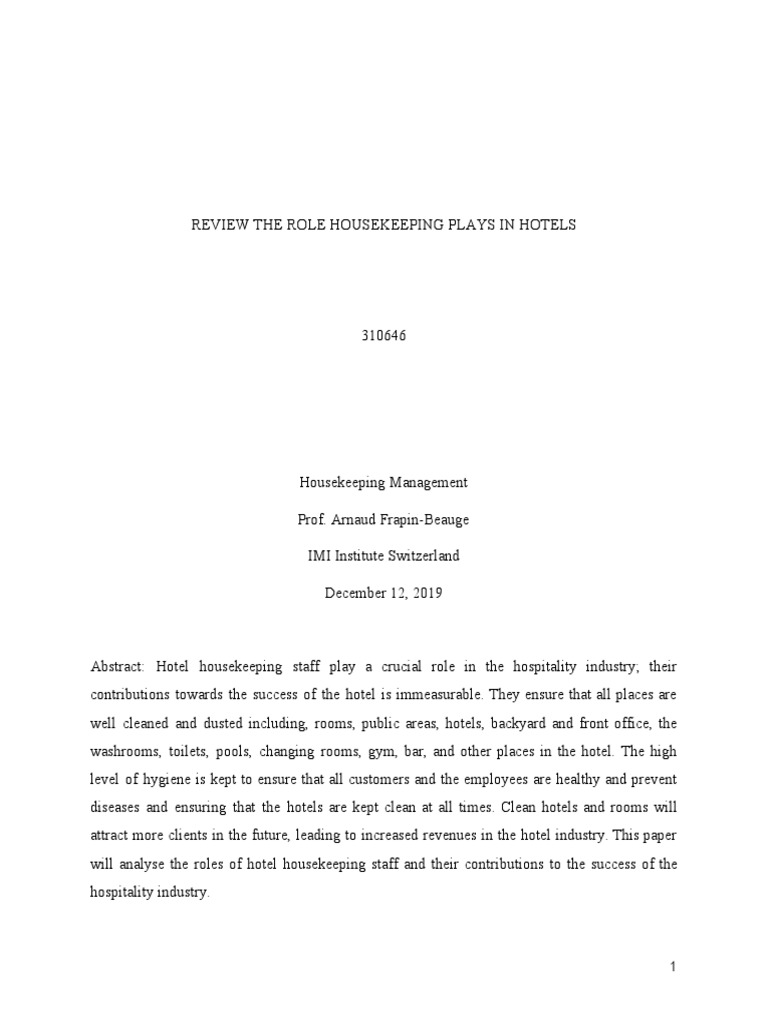 Role of Housekeeping Essay Wong3 PDF Housekeeping Bathroom