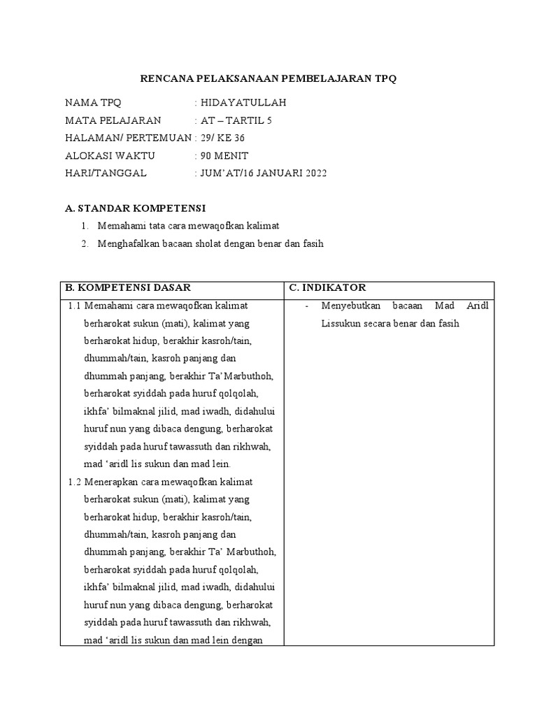RPP Pembelajaran At-Tartil Jilid 5 | PDF