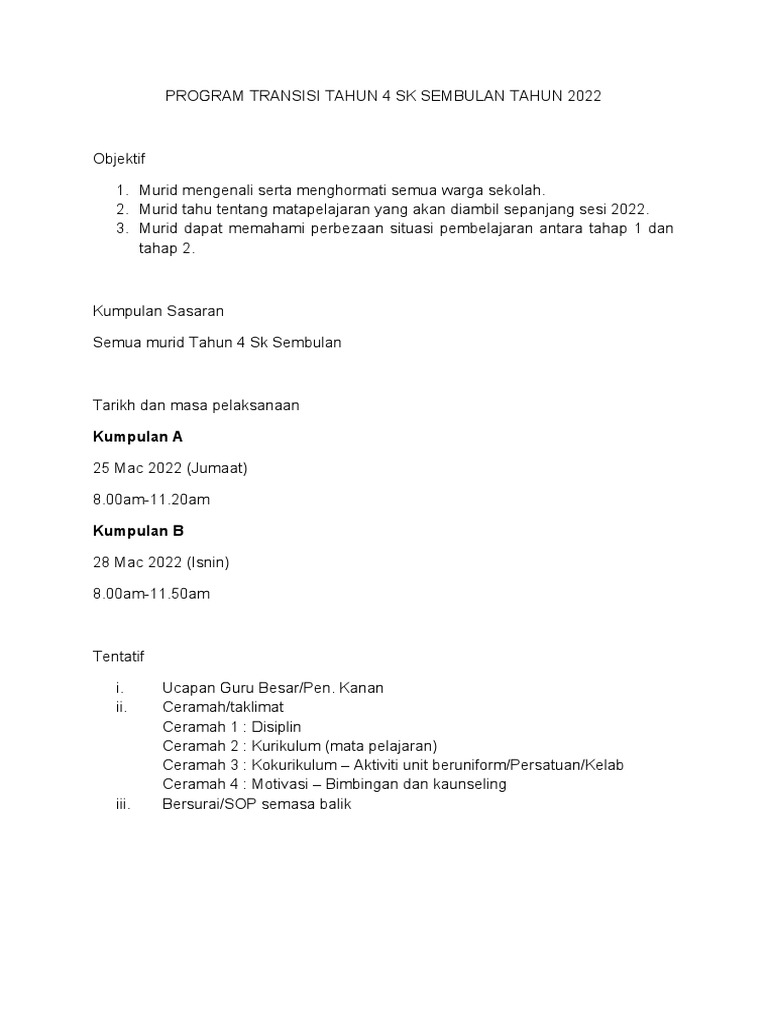 Kertas Kerja Program Transisi Tahun 4 | PDF