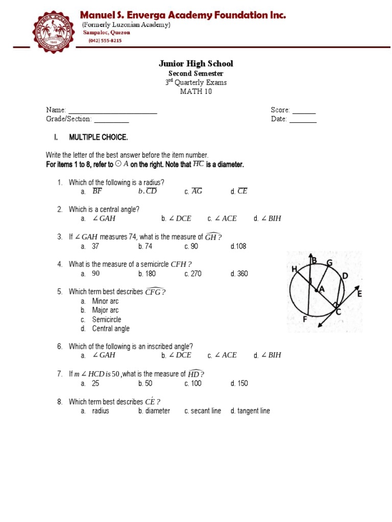 3rd Quarterly Exams-Math 10 | PDF | Triangle Geometry | Euclidean Geometry