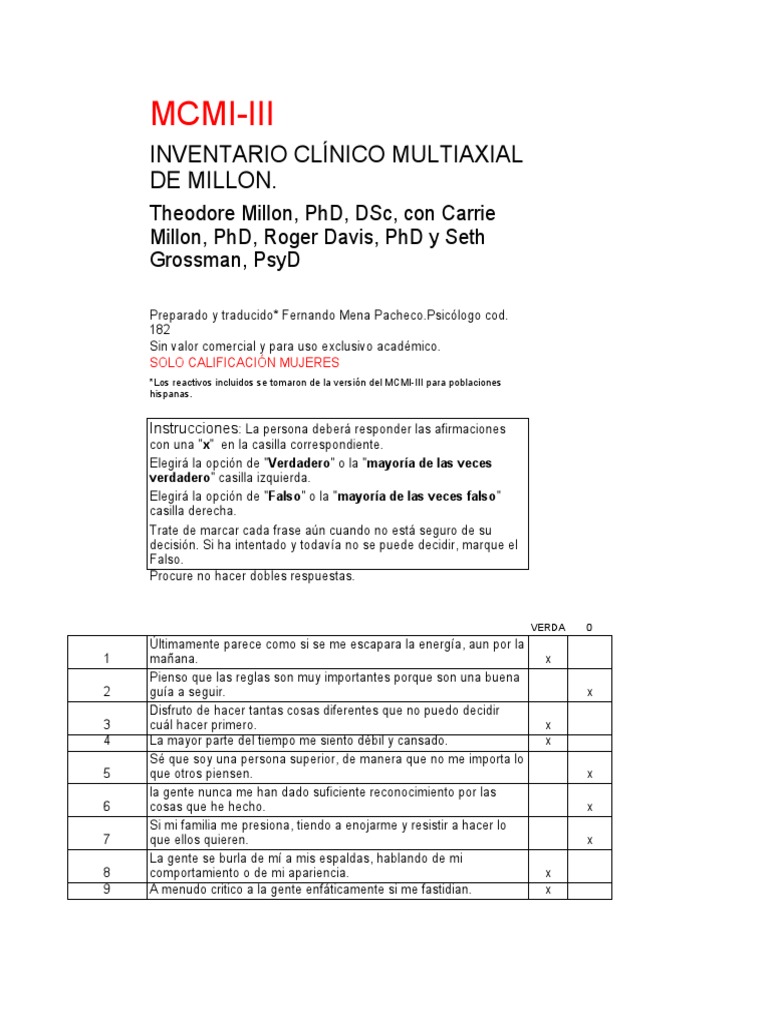 Inventario Clínico MCMI-III para Mujeres | PDF | Microsoft Excel ...