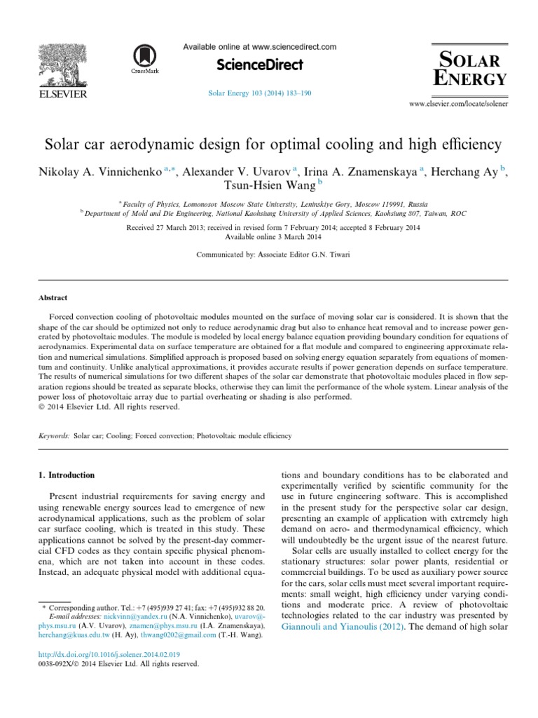 Solar Car Aerodynamic Design For Optimal Cooling and High Efficiency ...