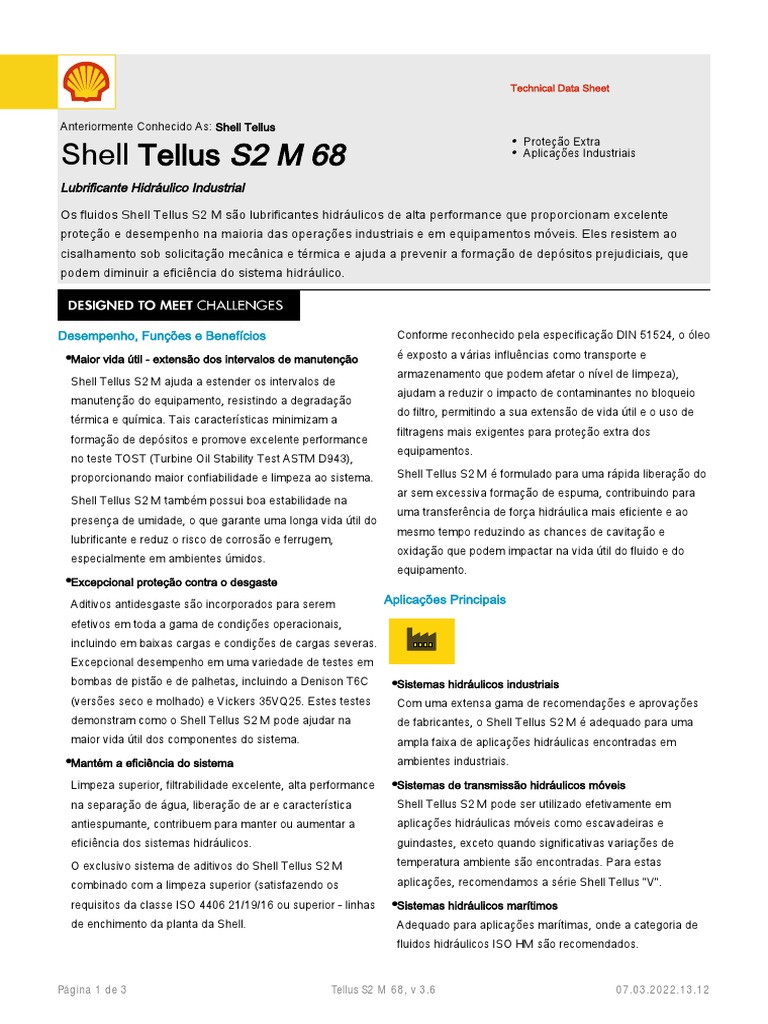 Ficha Técnica do Shell Tellus S2 M 68 | PDF | Bomba | Vestir-se