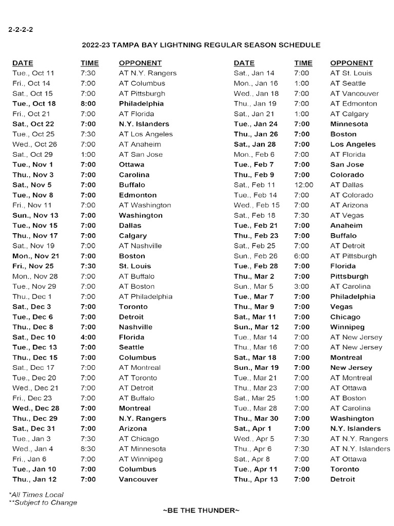 Tampa Bay Lightning Regular Season Schedule PDF