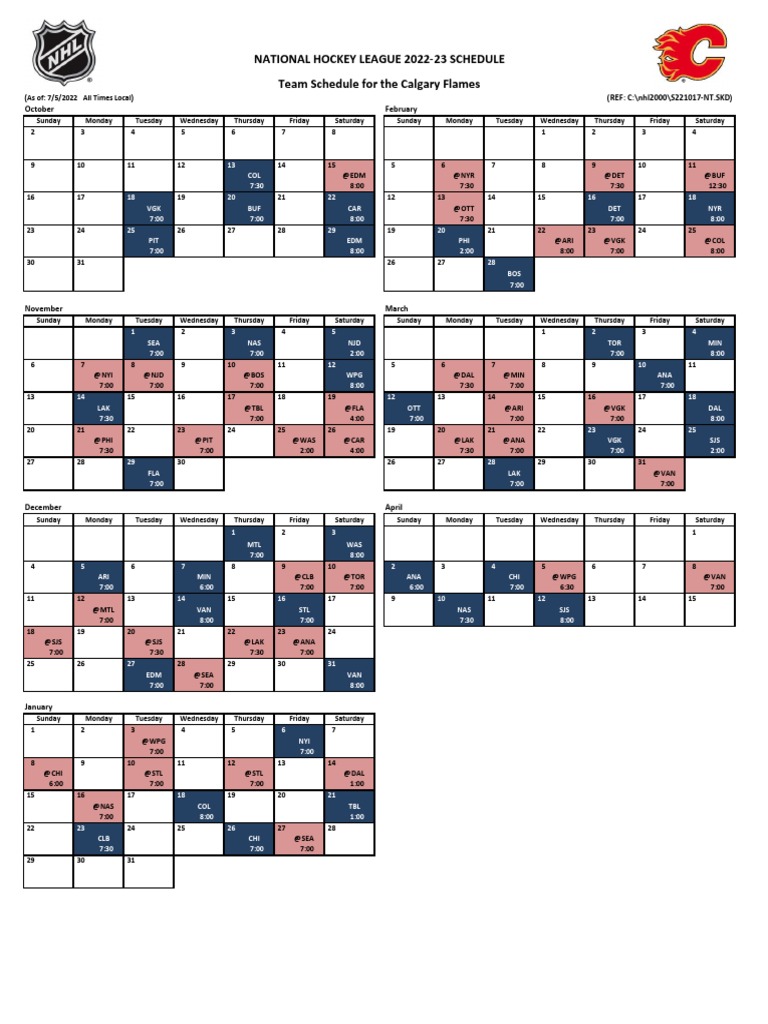Calgary Flames Printable Calendar