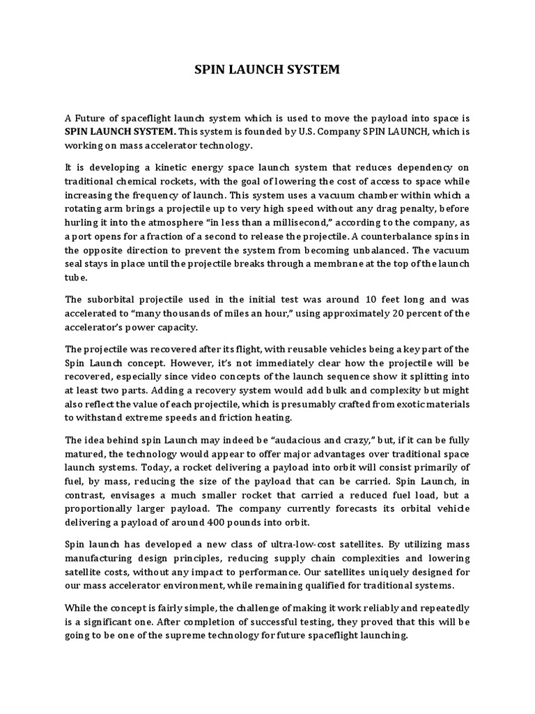 Spin Launch System Parten Programme PDF Rocket Launch Vehicle