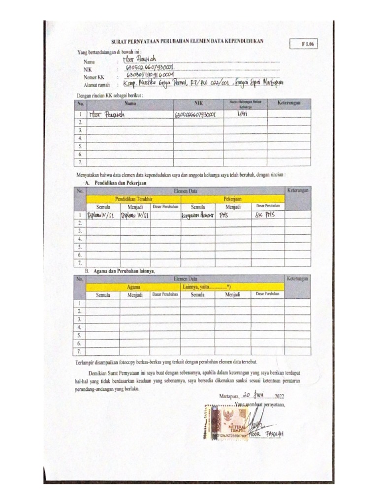 Contoh Pengisian Surat Pernyataan Perubahan Elemen Data Kependudukan