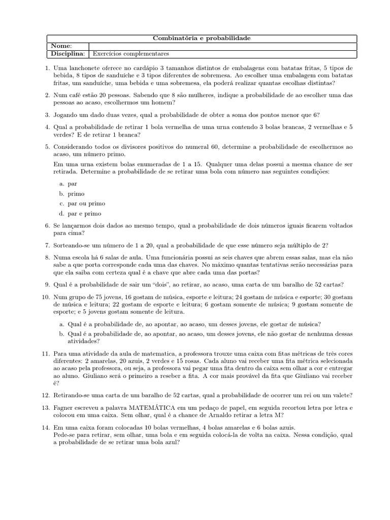 Compilado de Exercícios Sobre Probabilidade - 9 Ano | PDF ...