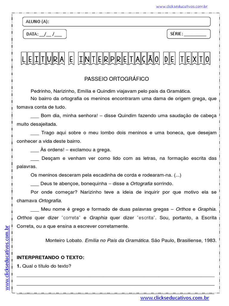 4º Ano - Interpretação de Texto PASSEIO ORTOGRÁFICO | PDF | Ortografia ...