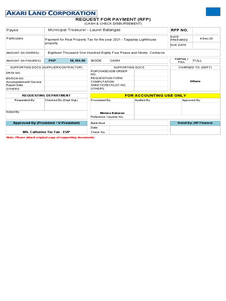 Request For Payment (RFP) : Payee Municipal Treasurer - Laurel Batangas ...