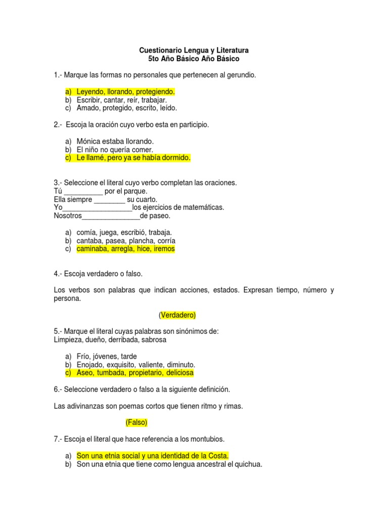 Cuestionario de Lengua y Literatura 5to Grado | PDF | Verbo | Ciencia ...