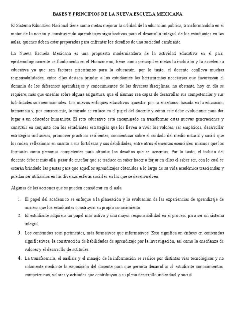 Bases y Principios de La Nueva Escuela Mexicana | PDF | Aprendizaje ...
