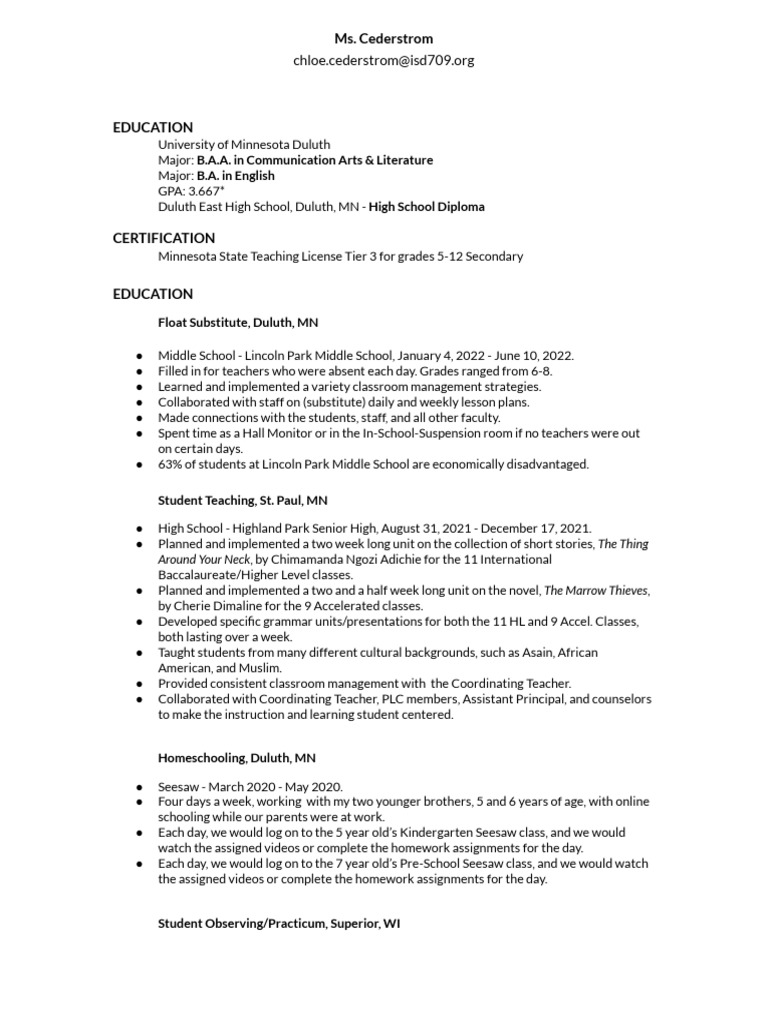 Ms. Cederstrom Float Substitute, Duluth, MN Download Free PDF Teachers Middle Schools