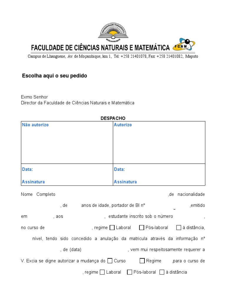 Modelo 1 3 E 1 4 Mudanca De Curso Ou Regime Pdf