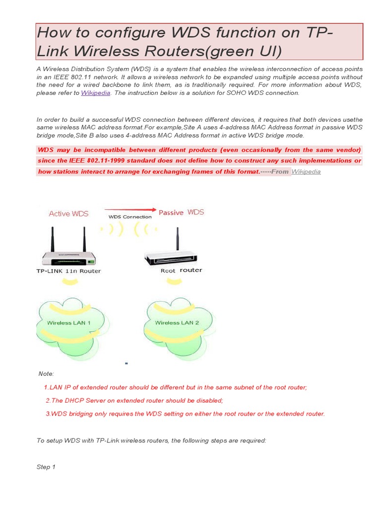 TP-Link WDS Setup Guide | PDF | Router (Computing) | Wireless Lan