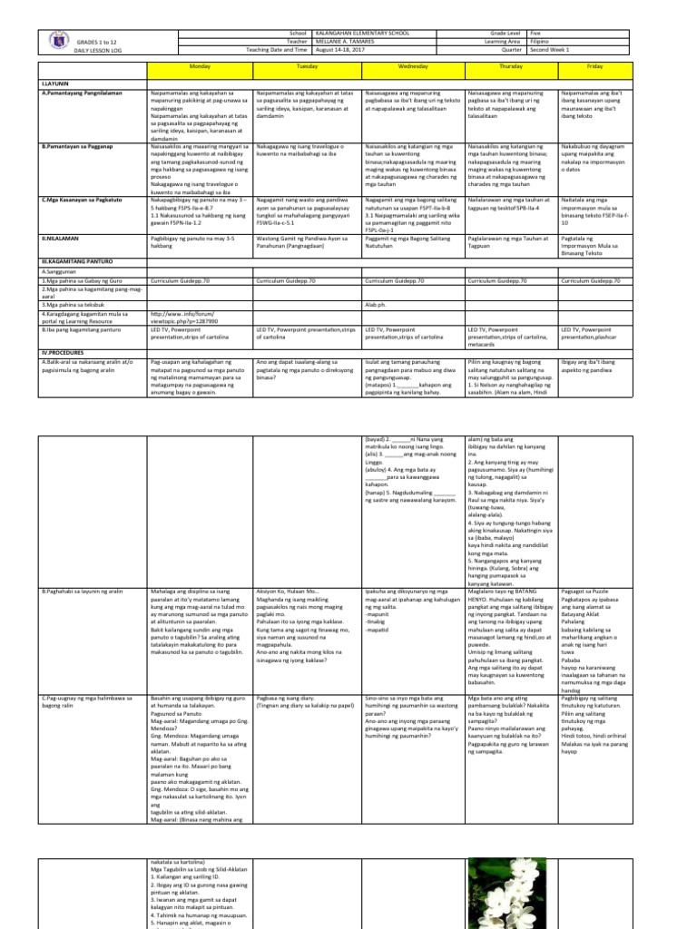 Grade 5 DLL Q2 WEEK 1-ALL SUBJECTS | PDF