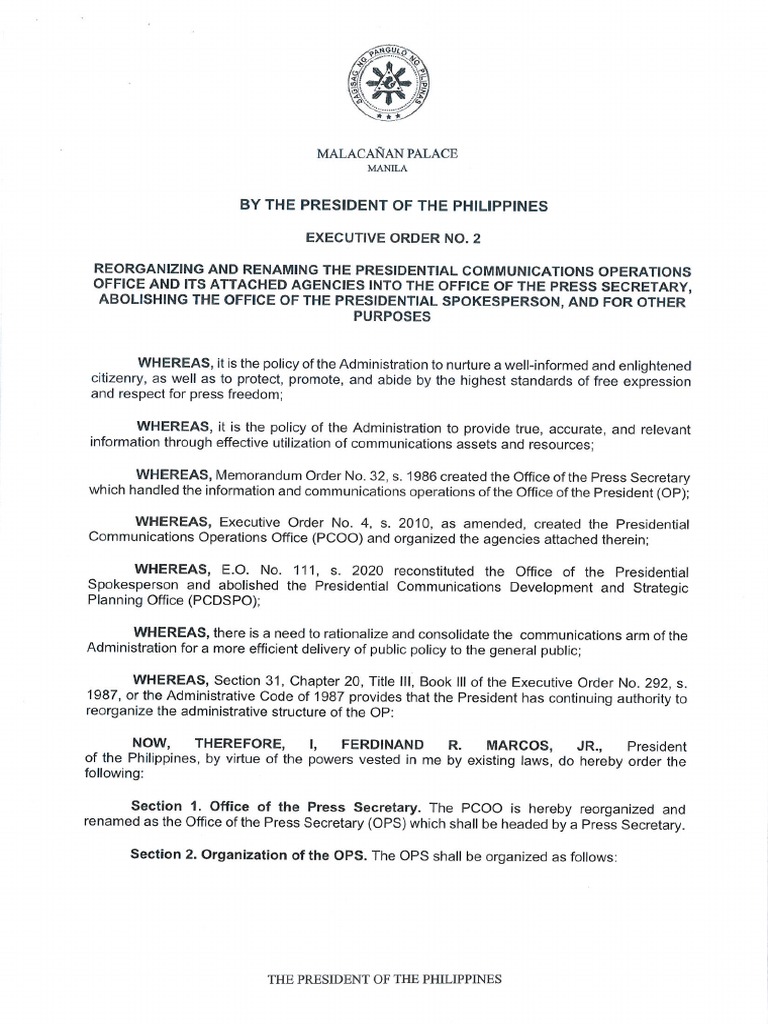 President Marcos' Executive Order No. 2 PDF