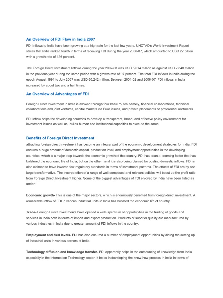 An Overview of FDI Flow in India 2007 | PDF