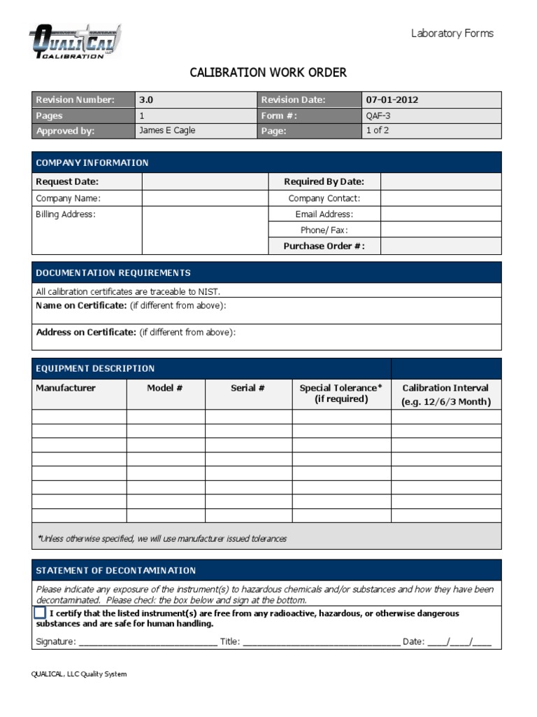Calibration Work Order: Revision Number: Revision Date: Pages Form ...