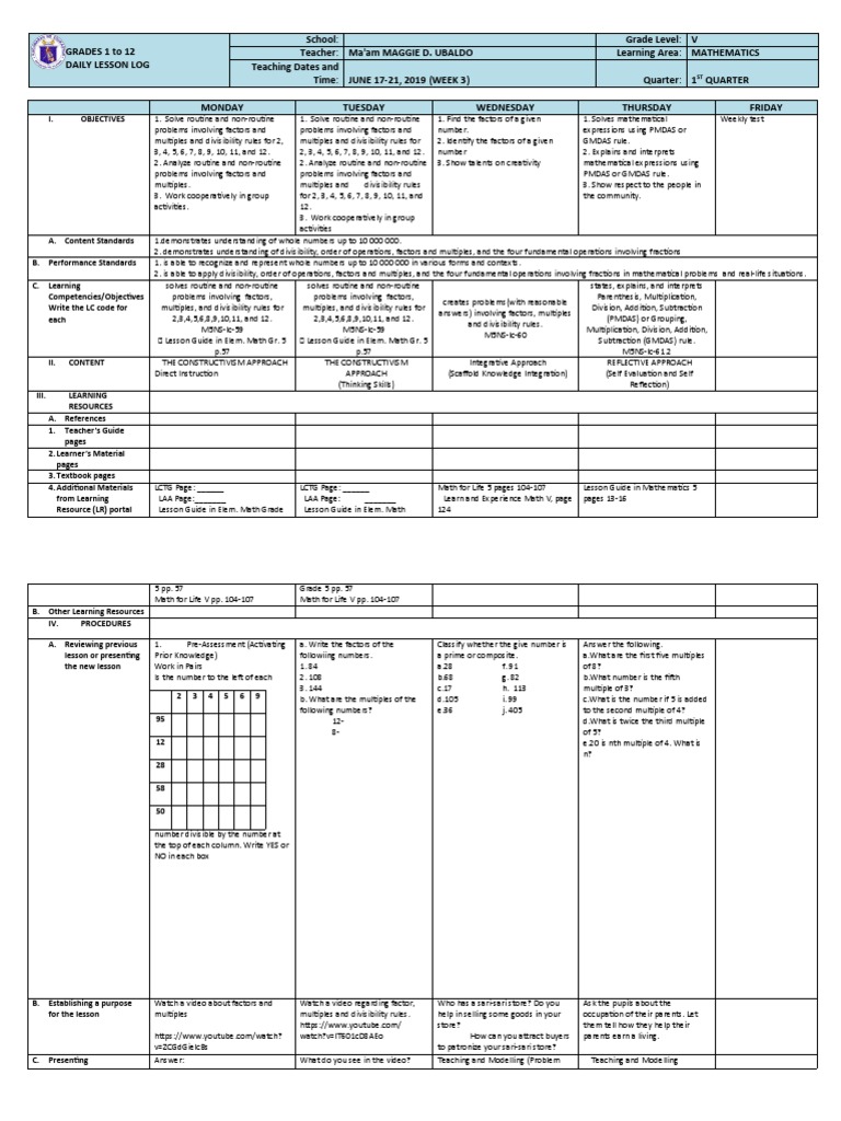 5th Grade Weekly Math Review Q1 | PDF | Constructivism (Philosophy Of ...