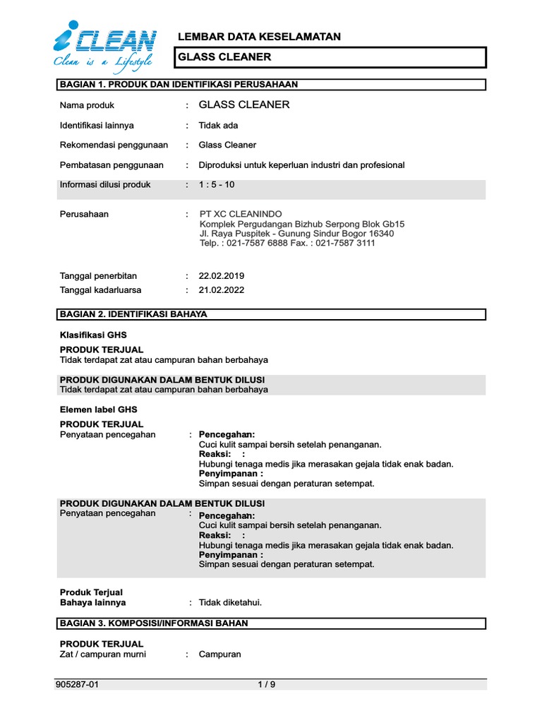 GHS MSDS Glass Cleaner Indo 1 PDF