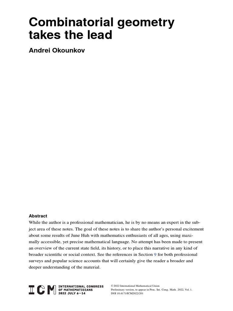 Combinatorial Geometry Takes The Lead Andrei Okounkov PDF Field (Mathematics) Line (Geometry)