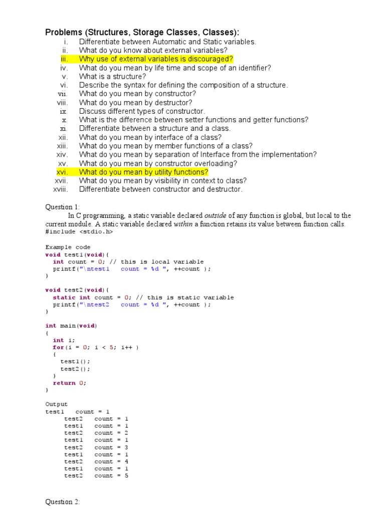 Problems (Structures, Storage Classes, Classes) :: Void Void Int | PDF ...