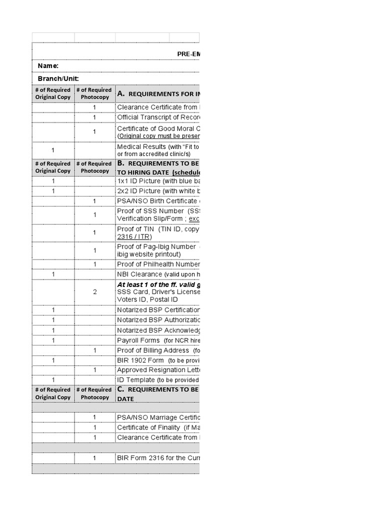 Name Branch/Unit Bdo Unibank, Inc. PreEmployment Requirements