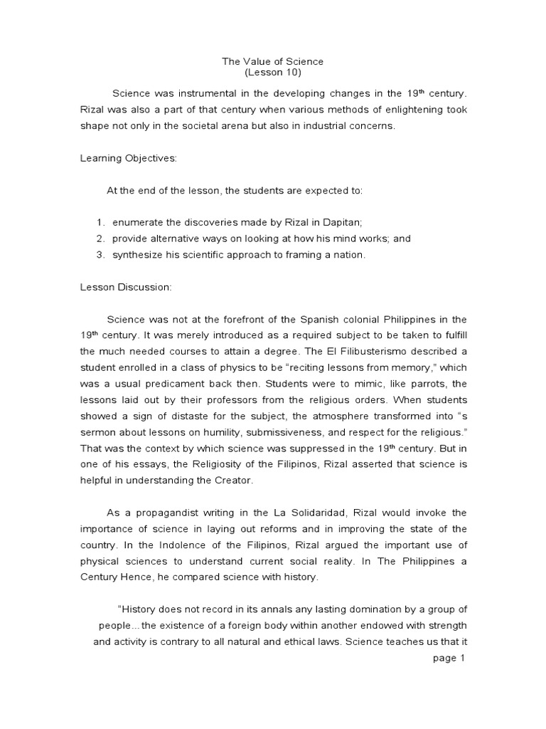 Lesson 10 The Value of Science PDF Science