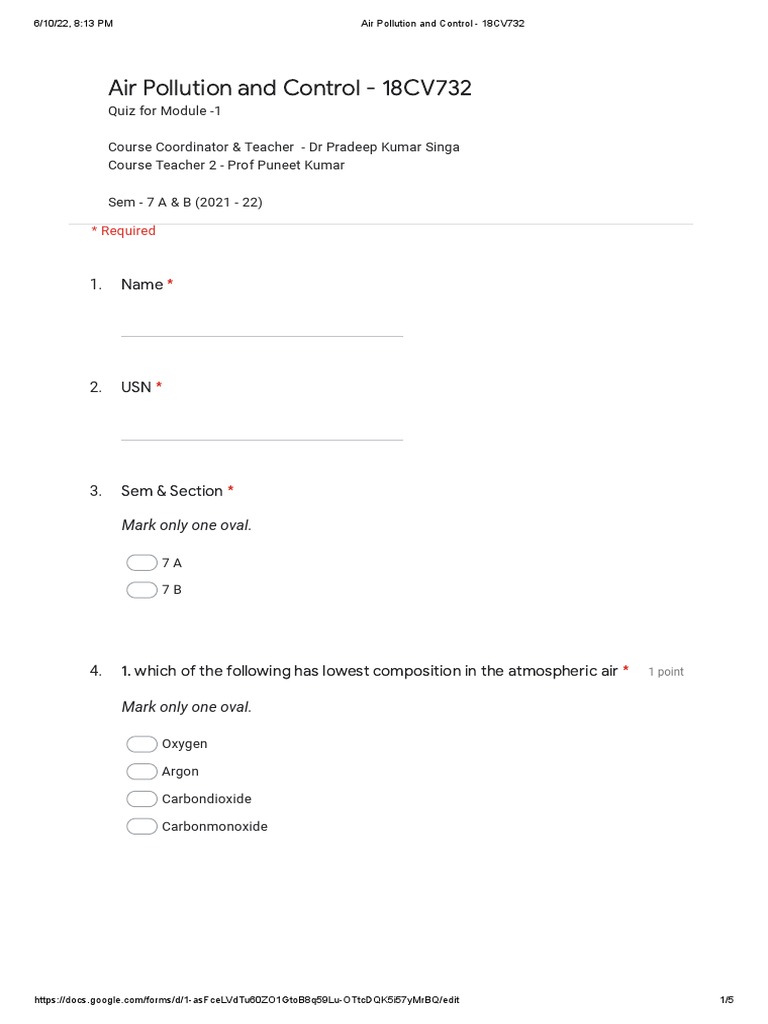Air Pollution Quiz M 1 Google Forms PDF Atmosphere Of Earth Particulates