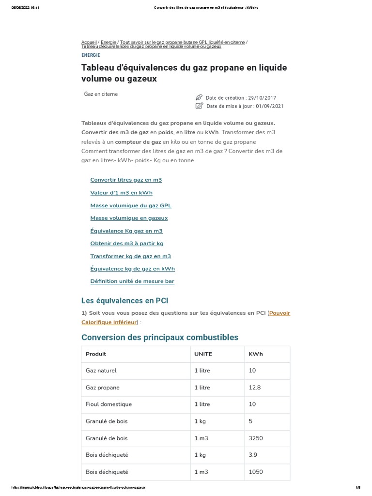 Convertir Des Litres de Gaz Propane en m3 Et Équivalence KWH KG PDF