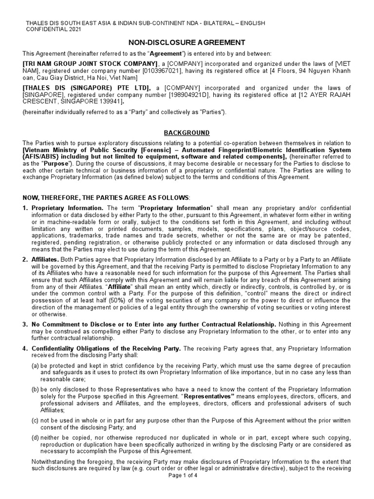 Trí Nam Group & Thales NDA Agreement | PDF | Trade Secret | Non ...