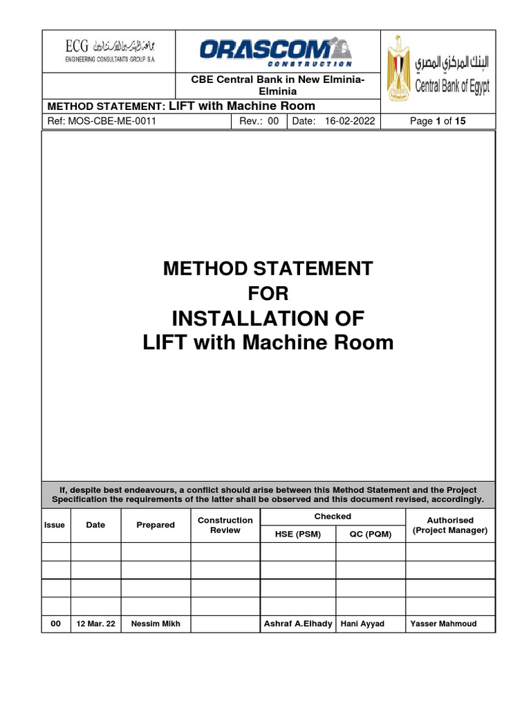 Lift Installation Method Statement | PDF | Elevator | Concrete
