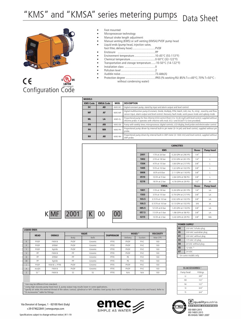 "KMS" and "KMSA" Series Metering Pumps Data Sheet PDF Pump Valve