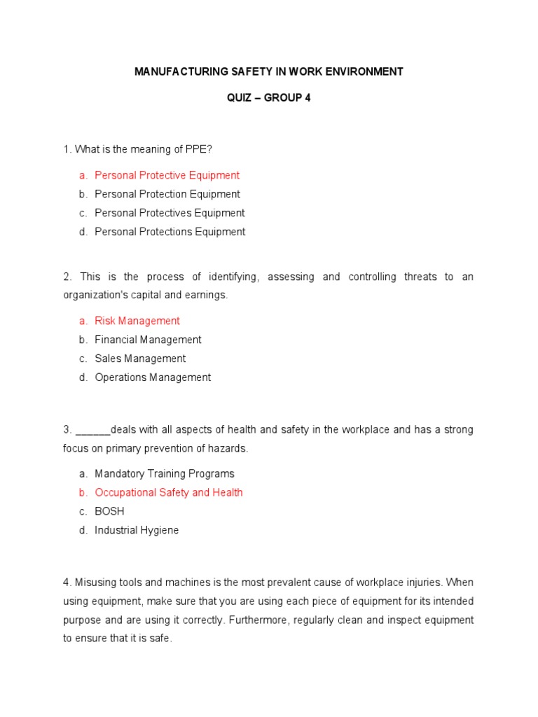 Manufacturing Safety Quiz Answers PPE Proper Use PDF Personal