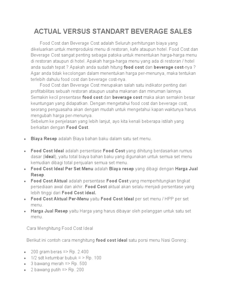 Actual Versus Standart Beverage Sales PDF