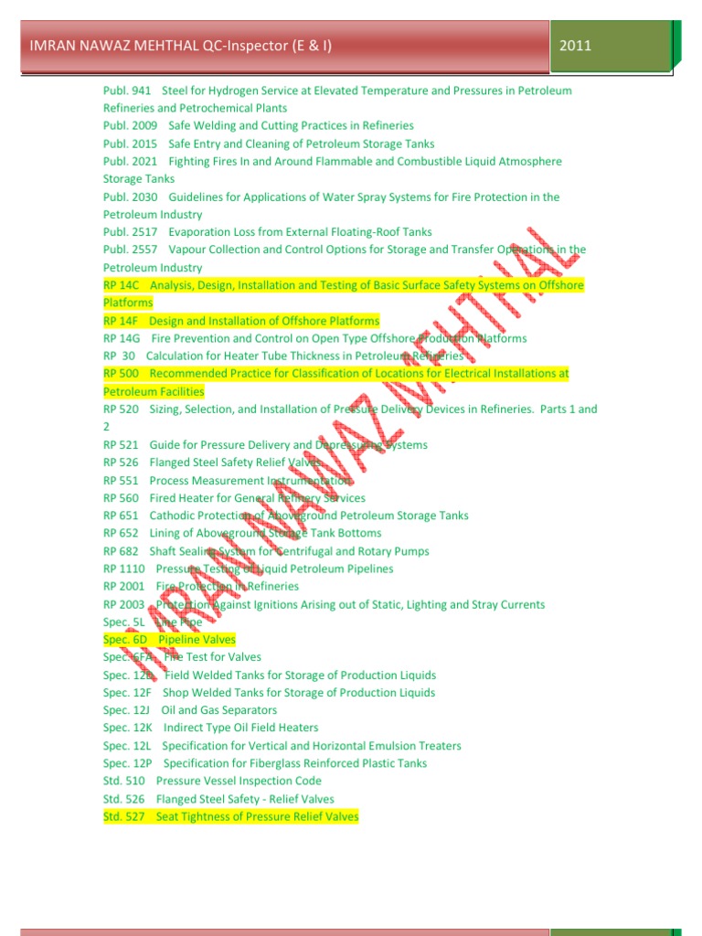 API Standards Index List PDF