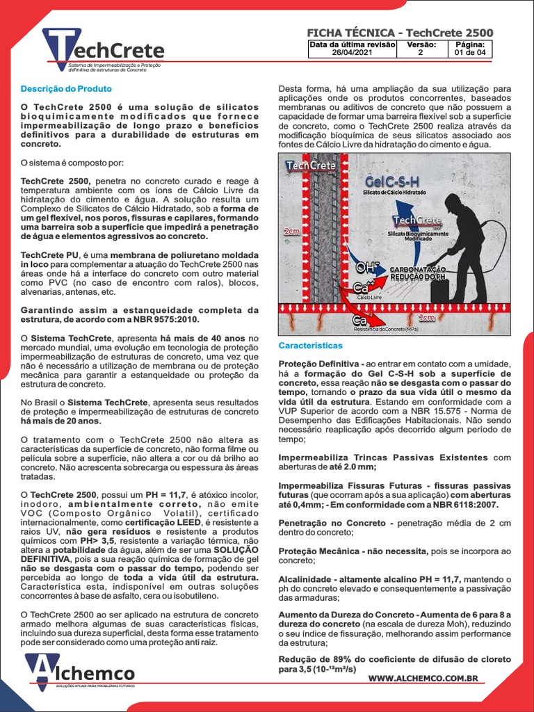 Ficha Técnica Techcrete 2500 2021 PDF Concreto Cimento