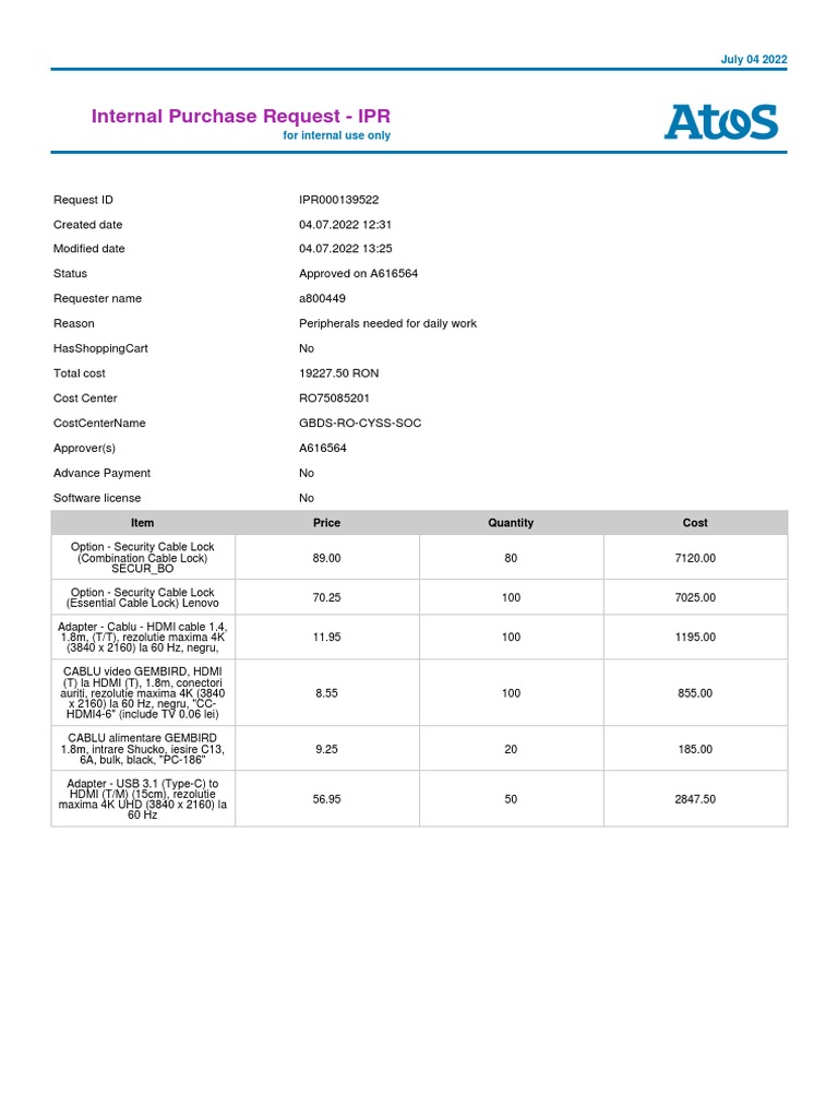 Internal Purchase Request - IPR: July 04 2022 | PDF
