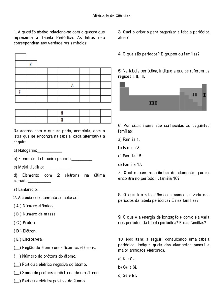 Atividade sobre Tabela Periódica 9º Ano | PDF | Tabela periódica | Próton