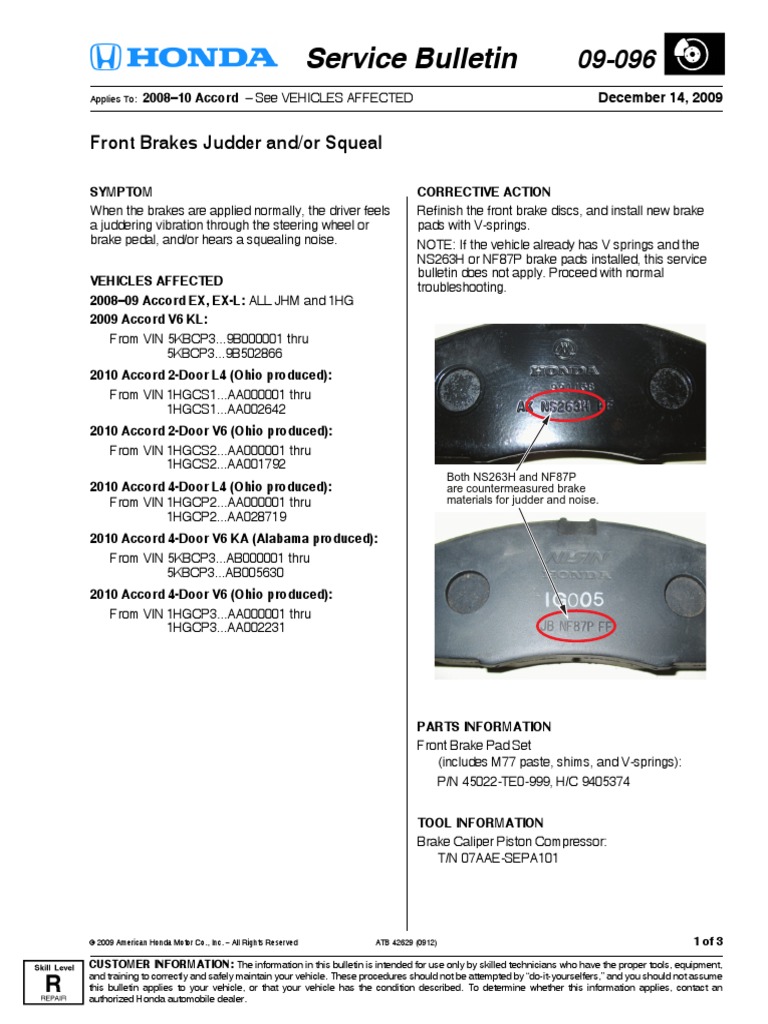 Service Bulletin Front Brakes Judder And/or Squeal PDF Brake Equipment
