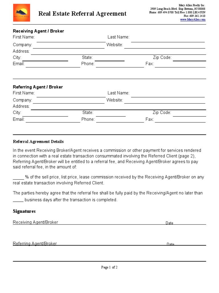 Real Estate Referral Agreement Receiving Agent / Broker PDF Business Market (Economics)