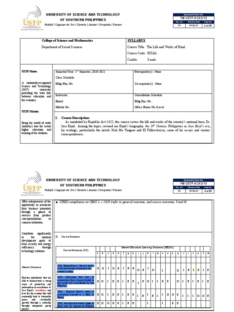USTP Course Syllabus: Rizal's Life | PDF | Philippines | Nationalism